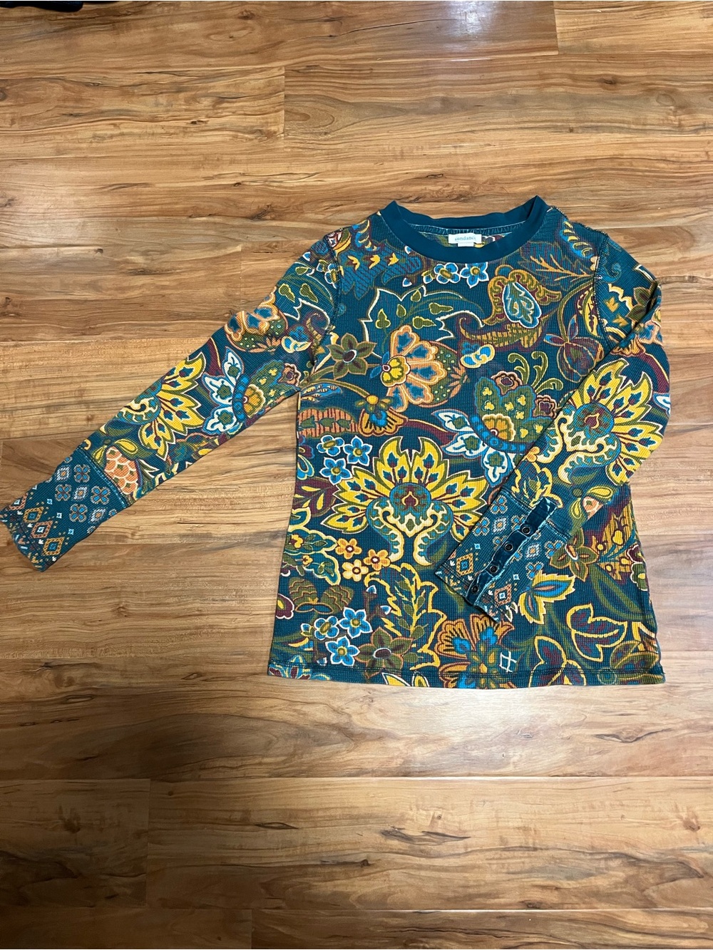 Sundance Thermal Waffle Knit Floral Paisley Teal Velvet Trim Cotton Blend Size M